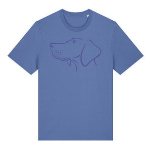 Blue outline illustration of the head of a Hungarian Vizsla on the front of a bright blue unisex t-shirt