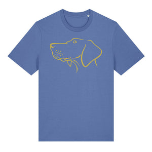 Gold outline illustration of the head of a Hungarian Vizsla on the front of a bright blue unisex t-shirt