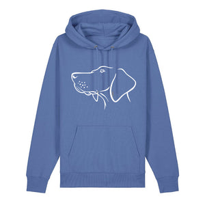 White outline illustration of the head of a Hungarian Vizsla on the front of a bright blue unisex Hoodie