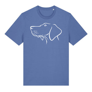 White outline illustration of the head of a Hungarian Vizsla on the front of a bright blue unisex t-shirt