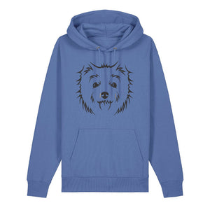 Black outline illustration of the head of a West Highland Terrier on the front of a bright blue unisex Hoodie