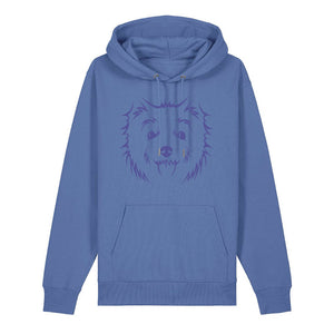 Blue outline illustration of the head of a West Highland Terrier on the front of a bright blue unisex Hoodie