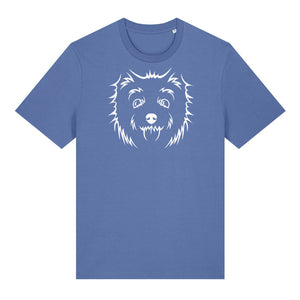 White outline illustration of the head of a West Highland Terrier on the front of a bright blue unisex t-shirt