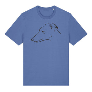 Black outline illustration of the head of a whippet on the front of a bright blue unisex t-shirt