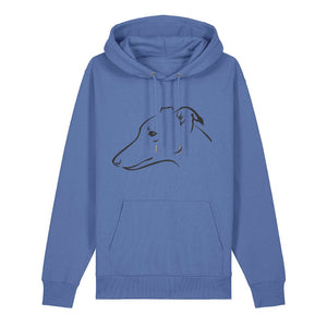 Black outline illustration of the head of a Whippet on the front of a bright blue unisex Hoodie