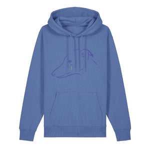 Blue outline illustration of the head of a Whippet on the front of a bright blue unisex Hoodie