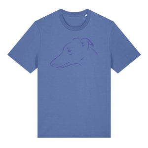 Blue outline illustration of the head of a whippet on the front of a bright blue unisex t-shirt