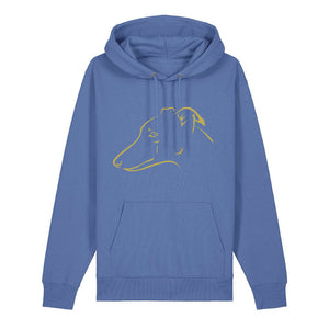 Gold outline illustration of the head of a Whippet on the front of a bright blue unisex Hoodie