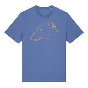Gold outline illustration of the head of a whippet on the front of a bright blue unisex t-shirt