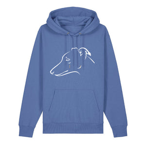 White outline illustration of the head of a Whippet on the front of a bright blue unisex Hoodie