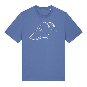 White outline illustration of the head of a whippet on the front of a bright blue unisex t-shirt