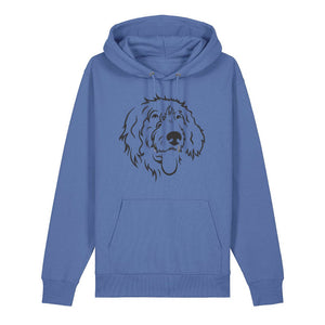Black outline illustration of the head of a Wirehaired Pointer on the front of a bright blue unisex Hoodie