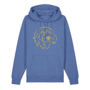 Gold outline illustration of the head of a Wirehaired Pointer on the front of a bright blue unisex Hoodie