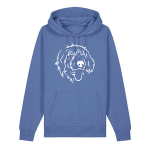 White outline illustration of the head of a Wirehaired Pointer on the front of a bright blue unisex Hoodie