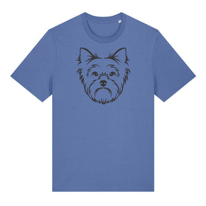 Black outline illustration of the head of a Yorkshire Terrier on the front of a bright blue unisex t-shirt