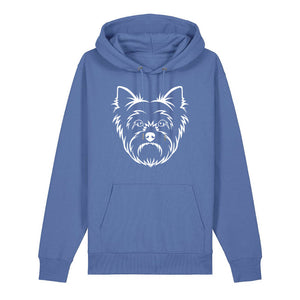 White outline illustration of the head of a Yorkshire Terrier on the front of a bright blue unisex Hoodie