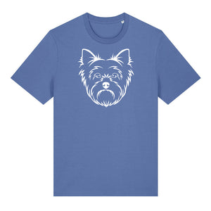 White outline illustration of the head of a Yorkshire Terrier on the front of a bright blue unisex t-shirt