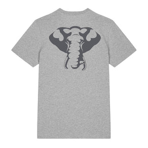 Dark grey elephant design on the back of a heather grey t-shirt against a white background