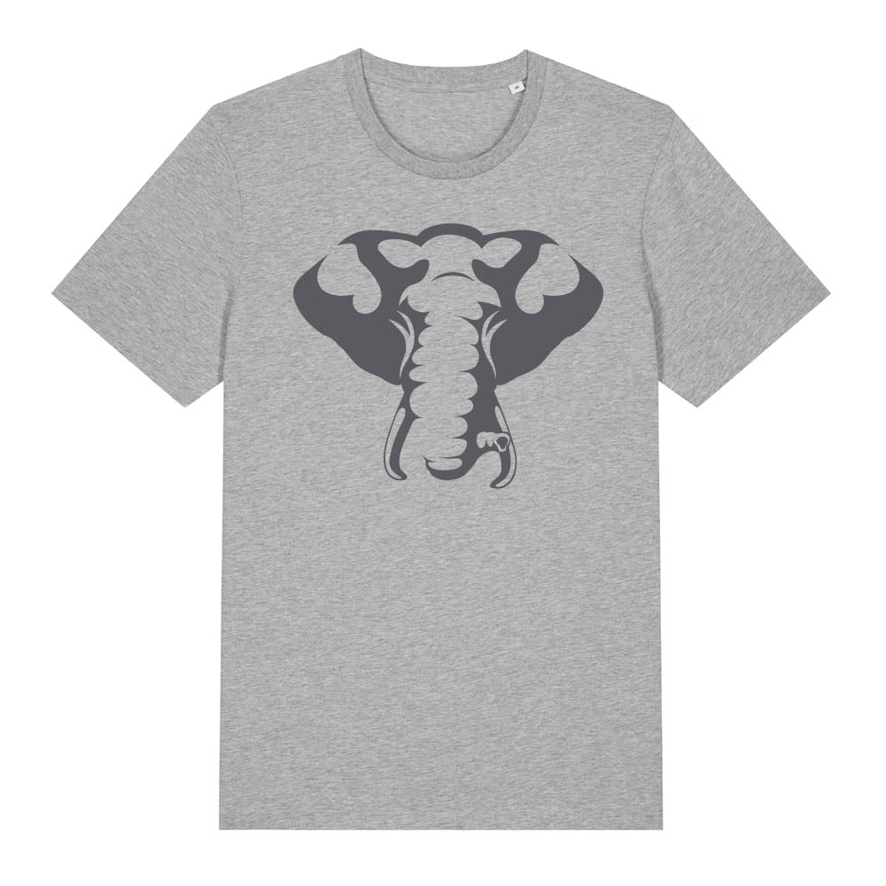 Dark grey elephant design on the front of a heather grey t-shirt against a white background