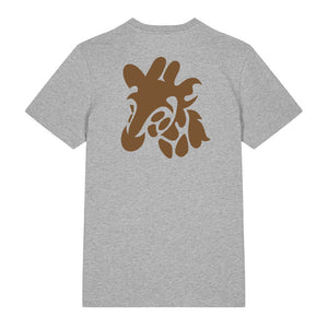 Dark brown giraffe design on the back of a heather grey t-shirt against a white background