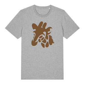 Dark brown giraffe design on the front of a heather grey t-shirt against a white background