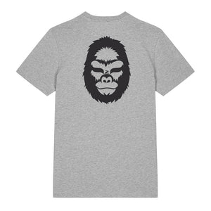 Black gorilla design on the back of a heather grey t-shirt against a white background