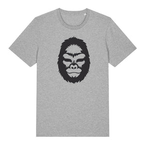 Black gorilla design on the front of a heather grey t-shirt against a white background