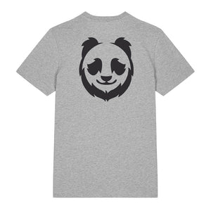 Black panda design on the back of a heather grey t-shirt against a white background
