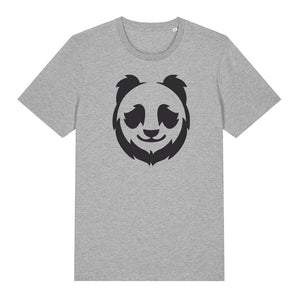 Black panda design on the front of a heather grey t-shirt against a white background