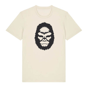 Black gorilla design on the front of a natural raw t-shirt against a white background
