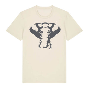 Dark grey elephant design on the front of a natural raw t-shirt against a white background
