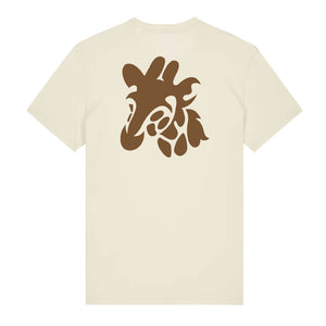 Dark brown giraffe design on the back of a natural raw t-shirt against a white background
