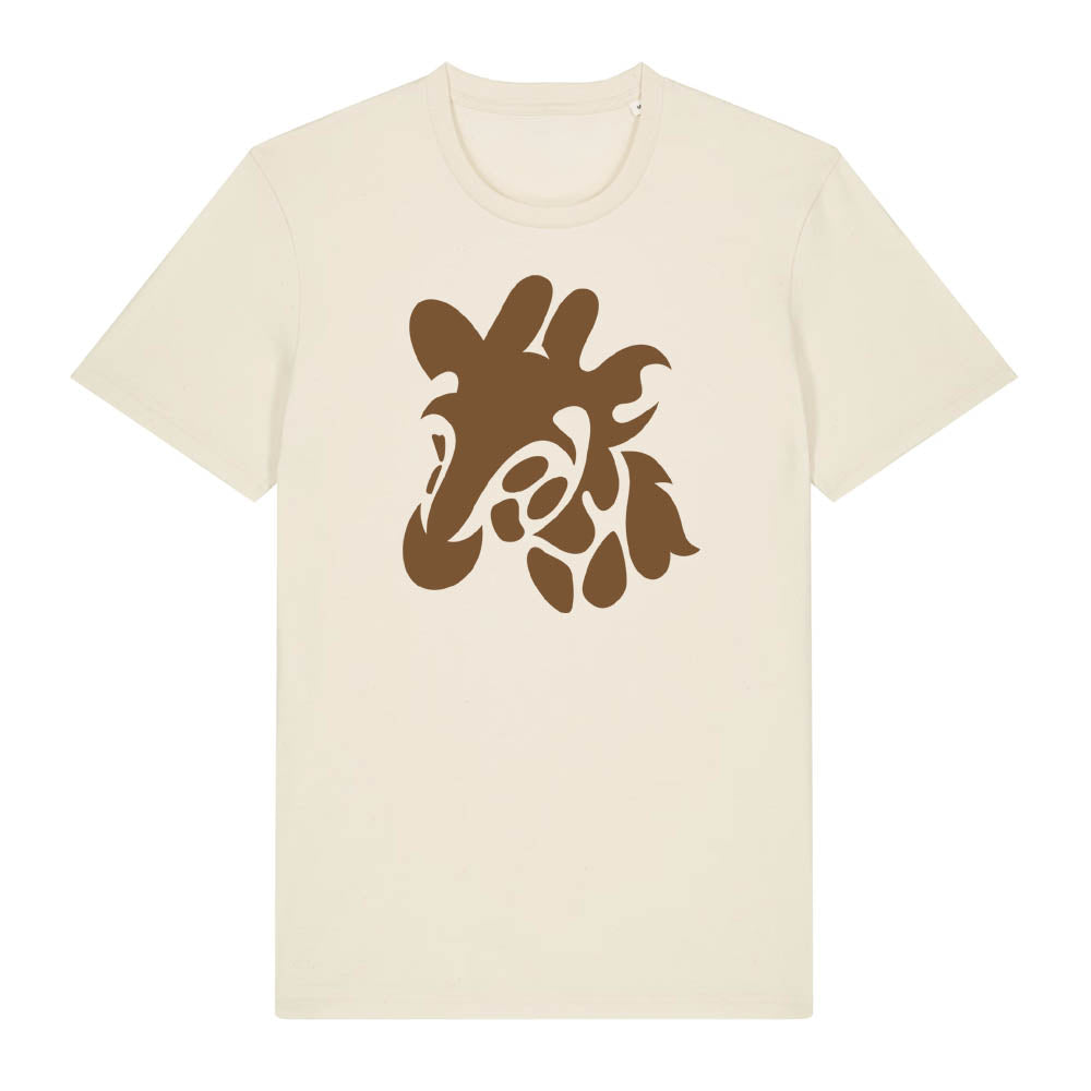Dark brown giraffe design on the front of a natural raw t-shirt against a white background