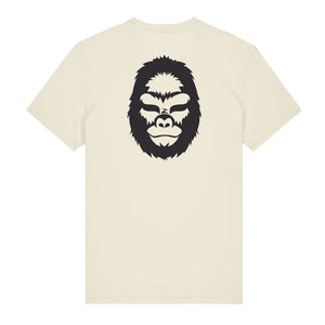 Black gorilla design on the back of a natural raw t-shirt against a white background