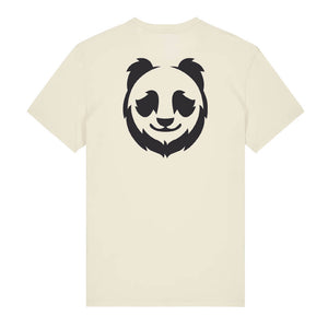 Black panda design on the back of a natural raw t-shirt against a white background
