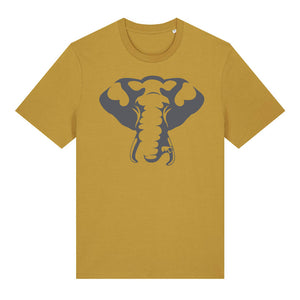 Dark grey elephant design on the front of an ochre t-shirt against a white background
