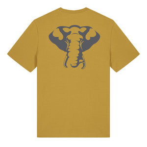 Dark grey elephant design on the back of an ochre t-shirt against a white background
