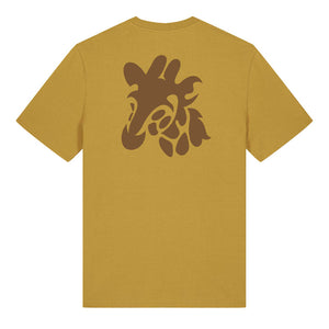 Dark brown giraffe design on the back of an ochre t-shirt against a white background