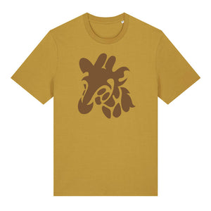 Dark brown giraffe design on the front of an ochre t-shirt against a white background