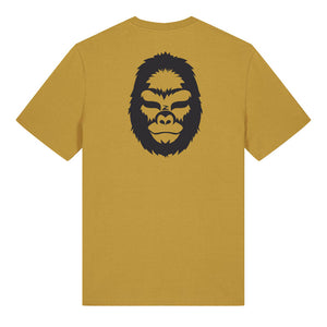 Black gorilla design on the back of an ochre t-shirt against a white background