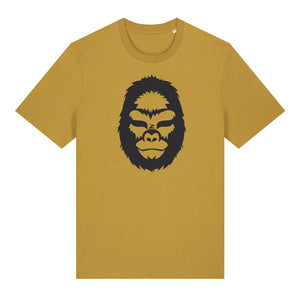Black gorilla design on the front of an ochre t-shirt against a white background