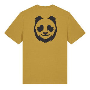 Black panda design on the back of an ochre t-shirt against a white background
