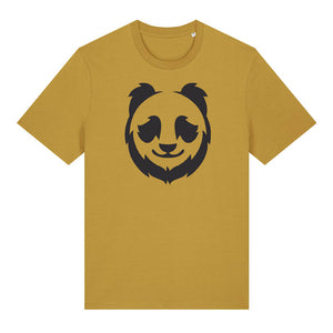 Black panda design on the front of an ochre t-shirt against a white background