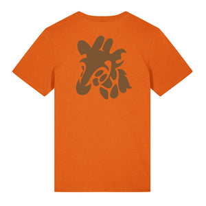 Dark brown giraffe design on the back of a bright orange t-shirt against a white background