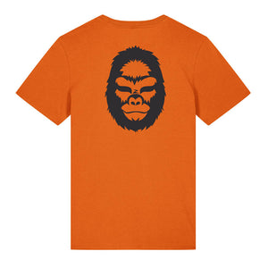 Black gorilla design on the back of a bright orange t-shirt against a white background