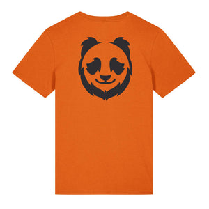 Black panda design on the back of a bright orange t-shirt against a white background