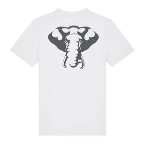 Dark grey elephant design on the back of a white t-shirt against a white background