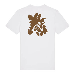 Dark brown giraffe design on the back of a white t-shirt against a white background
