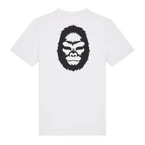 Black gorilla design on the back of a white t-shirt against a white background