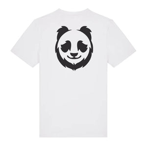 Black panda design on the back of a white t-shirt against a white background